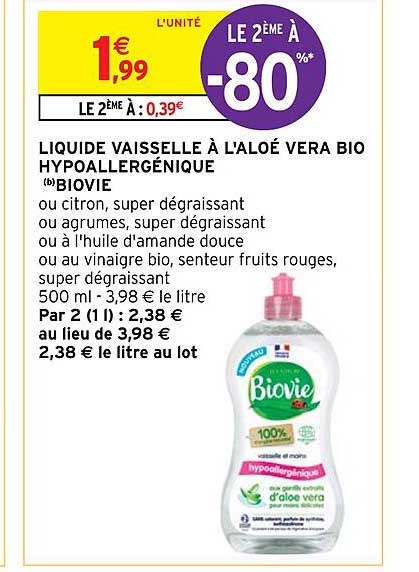 liquide vaisselle à l'aloé vera bio hypoallergénique biovie