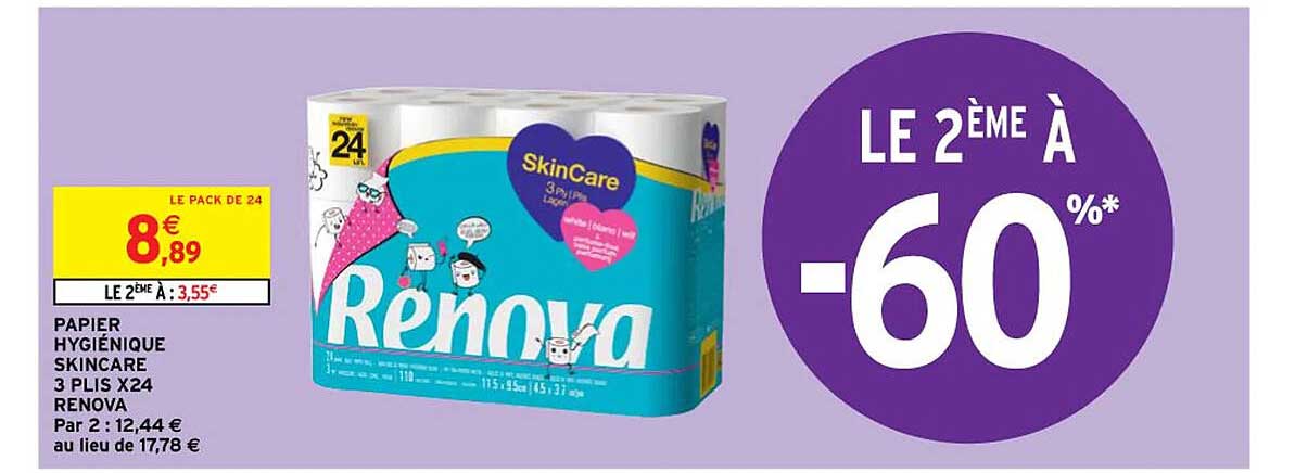 papier hygiénique skincare 3 plis x 24 renova