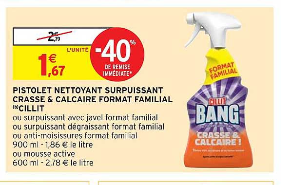 pistolet nettoyant surpuissant crasse & calcaire format familial cillit