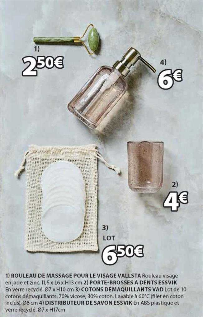 rouleau de massage pour le visage vallsta, porte-brosses à dents essvik, cotons démaquillants vad, distributeur de savon essvik