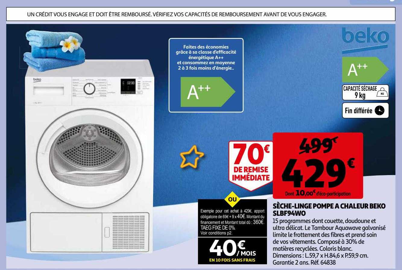 sèche-linge pompe à chaleur beko slbf94wo