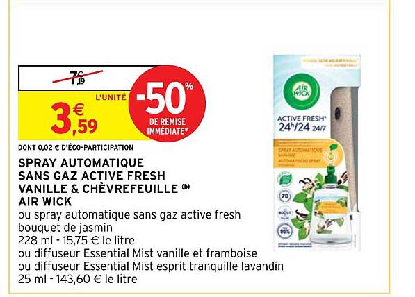 spray automatique sans gaz active fresh vanille & chèvrefeuille air wick