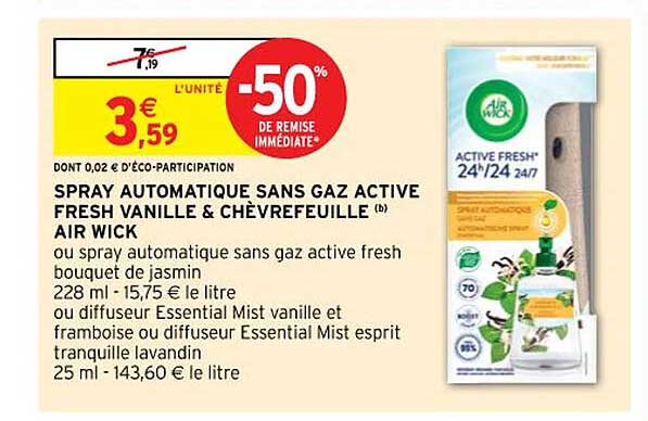 spray automatique sans gaz active fresh vanille & chèvrefeuille air wick
