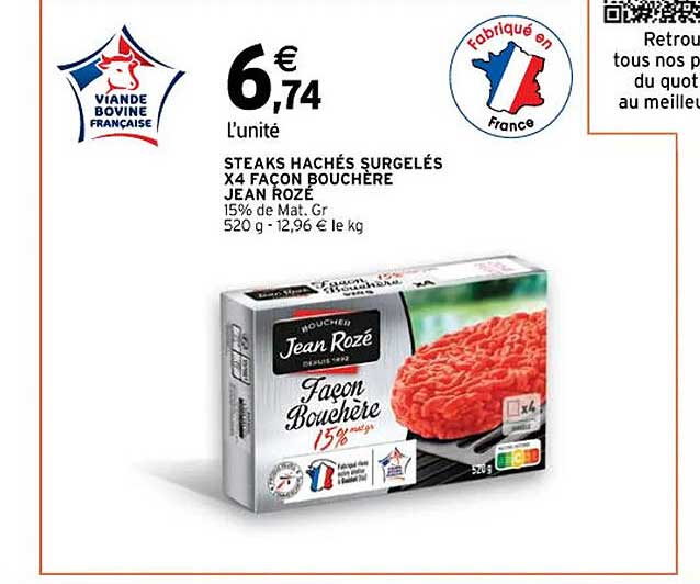 steaks hachés surgelés x4 façon bouchère jean rozé