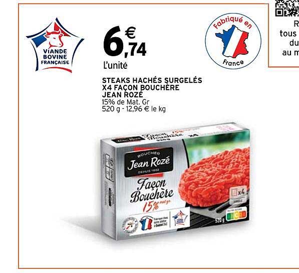 steaks hachés surgelés x4 façon bouchère jean rozé