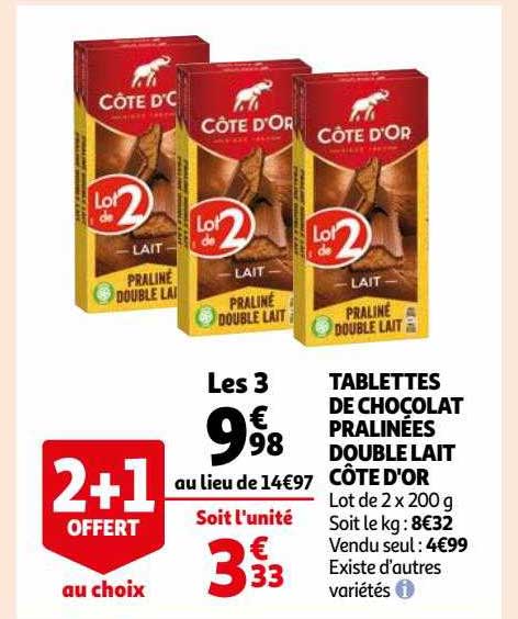 tablettes de chocolat pralinées double lait côte d'or