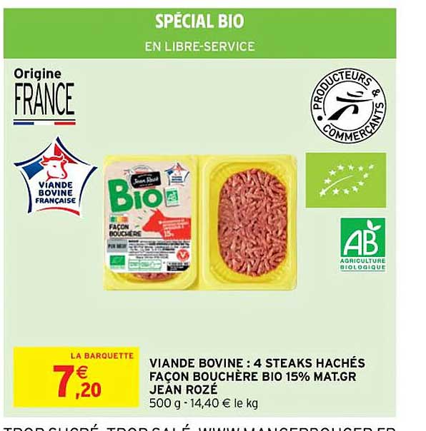 viande bovine : 4 steaks hachés façon bouchère bio 15% mat. gr. jean rozé