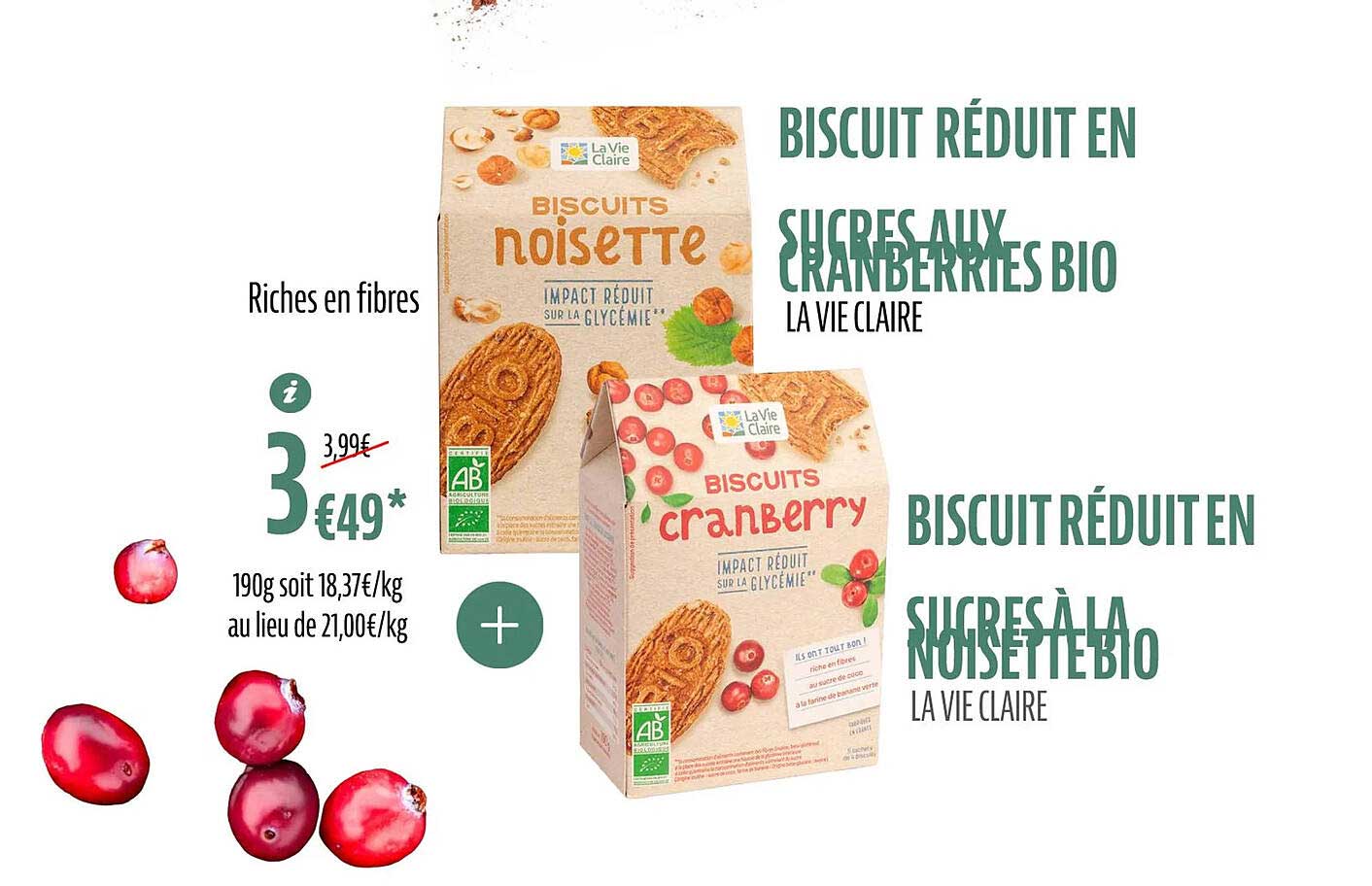 Biscuit Réduit En Sucres Aux Cranberries Bio La Vie Claire, Biscuit Réduit En Sucres à La Noisette Bio La Vie Claire