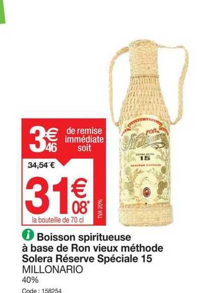 boisson spiritueuse à base de ron vieux méthode solera réserve spéciale 15 millonario