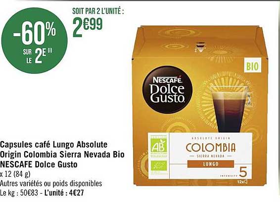 capsules café lungo absolute origin colombia sierra nevada bio nescafe dolce gusto