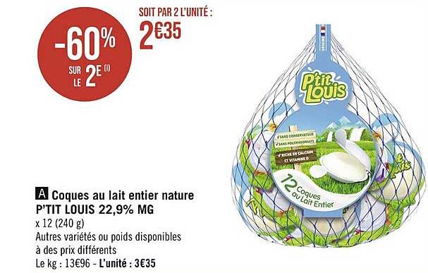 coques au lait entier nature p'tit louis 22,9% mg