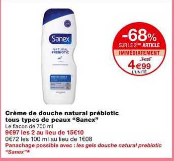 crème de douche natural prébiotic tous types de peaux "sanex"