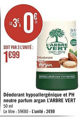 déodorant hypoallergénique et ph neutre parfum argan l'arbre vert