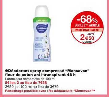 déodorant spray compressé "monsavon" fleur de coton anti-transpirant 48 h