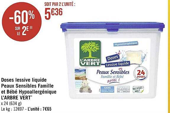 doses lessive liquide peaux sensibles famille et bébé hypoallergénique  l'arbre vert