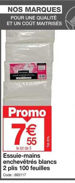 essuie-mains enchevêtrés blancs 2 plis 100 feuilles