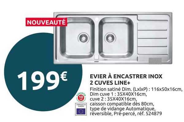 évier à encastrer inox 2 cuves line+