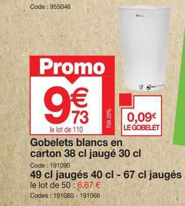 gobelets blancs en carton 38 cl jaugé 30 cl, 49 cl jaugés 40 cl - 67 cl jaugés