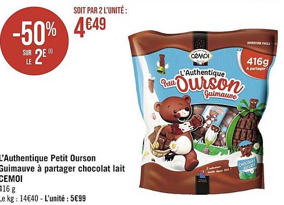 l'authentique petit ourson guimauve à partager chocolat lait cemoi