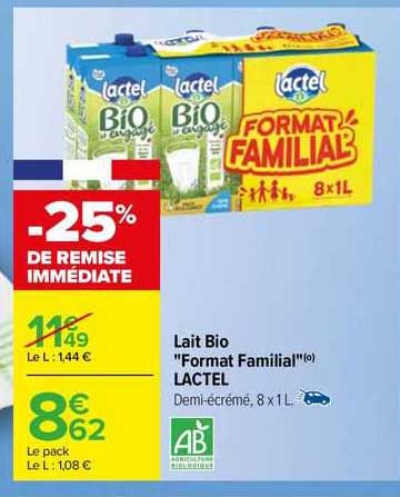 lait bio "format familial" lactel
