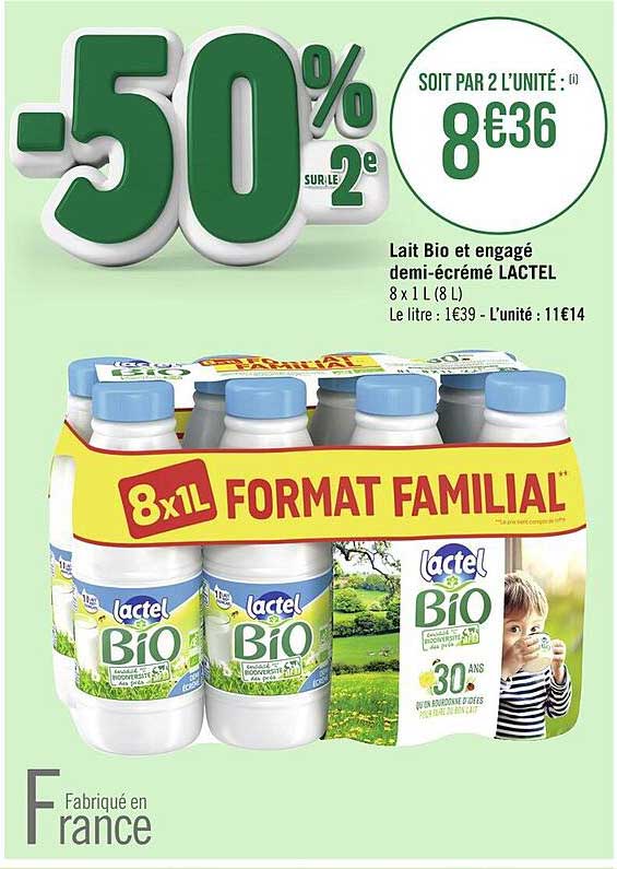 lait bio et engagé demi-écrémé lactel