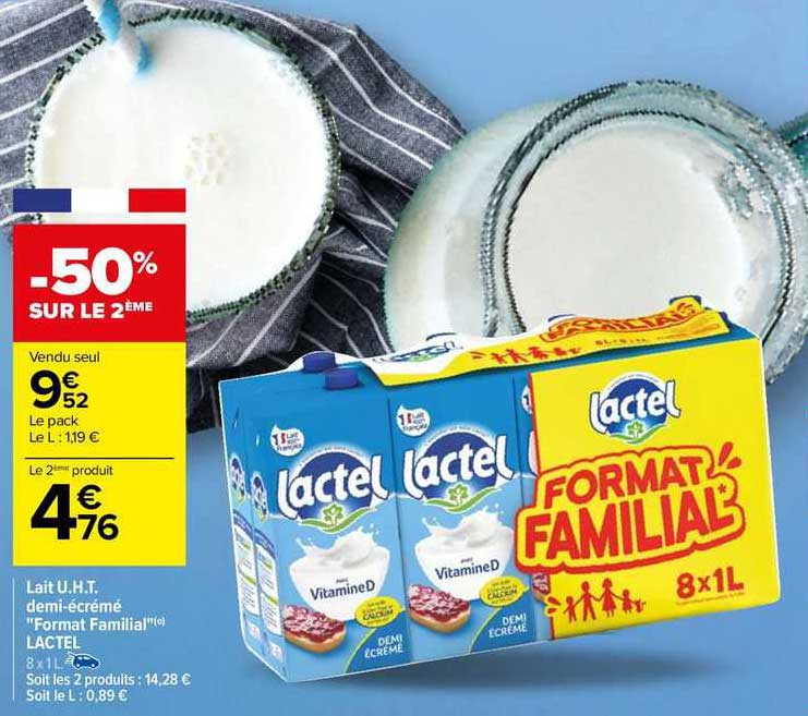 lait u.h.t. demi-écrémé "format familial" lactel