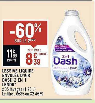 lessive liquide envolée d'air dash 2 en 1 lenor