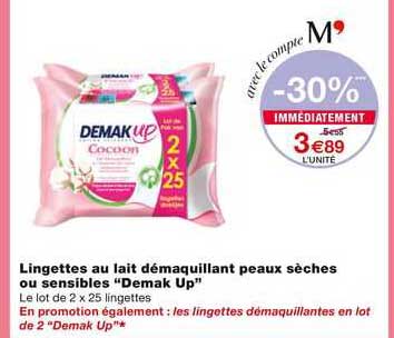 lingettes au lait démaquillant peaux sèches ou sensibles "demak up"