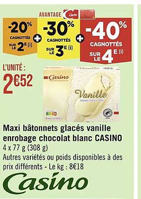 Maxi Bâtonnets Glacés Vanille Enrobage Chocolat Blanc Casino