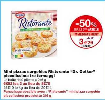 mini pizzas surgelées ristorante "dr oetker" piccolissima tre formaggi