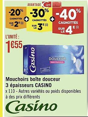 mouchoirs boîte douceur 3 épaisseurs casino