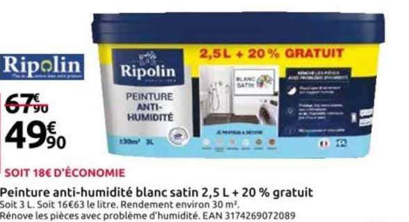 peinture anti-humidité blanc satin 2,5 l + 20% gratuit ripolin