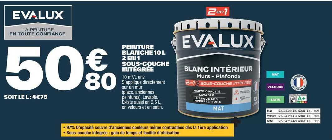 peinture blanche 10 l 2 en 1 sous-couche intégrée evalux