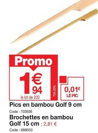 pics en bambou golf 9 cm, brochettes en bambou golf 15 cm