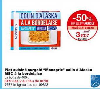Plat Cuisiné Surgelé "monoprix" Colin D'alaska Msc à La Bordelaise