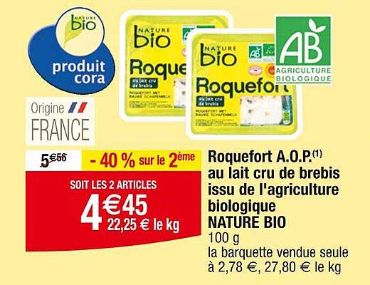 poquefort a.o.p. au lait cru de brebis issu de l'agriculture biologique nature bio