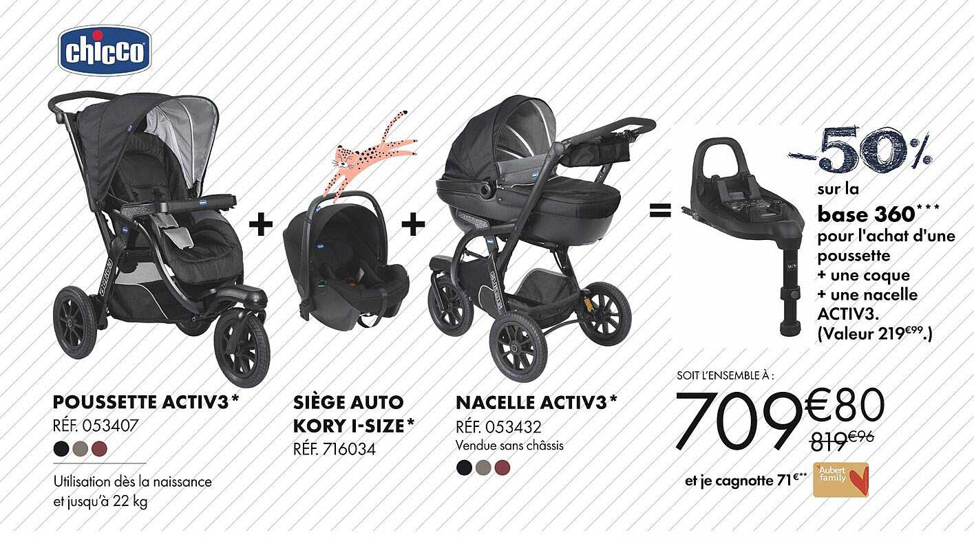 poussette activ 3 chicco + siège auto kory i-size chicco + nacelle activ 3 chicco