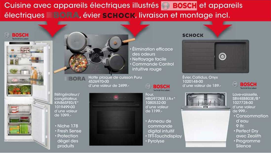 réfrigérateur/congélateur bosch, hotte plaque de cuisson puru bora, four bosch, évier, callidus, onyx schock, lave-vaisselle bosch