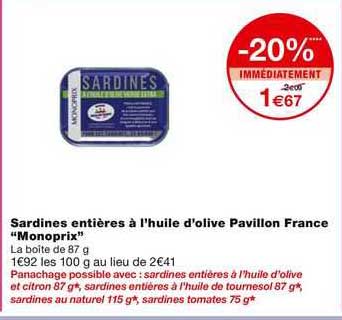 sardines entières à l'huile d'olive pavillon france "monoprix"