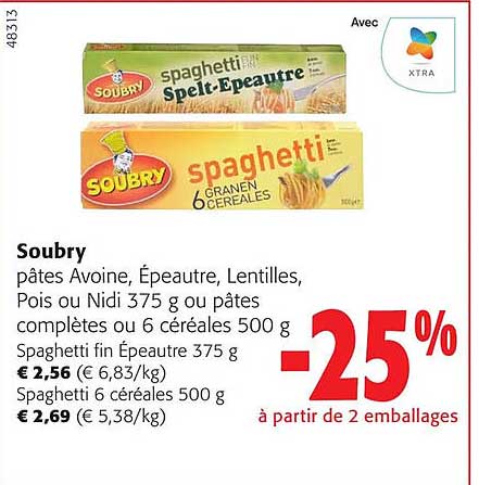 soubry pâtes avoine épeautre lentilles pois ou nidi ou pâtes complètes ou 6 céréales