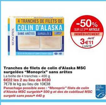 Tranches De Filets De Colin D'alaska Msc Surgelées "monoprix" Sans Arêtes