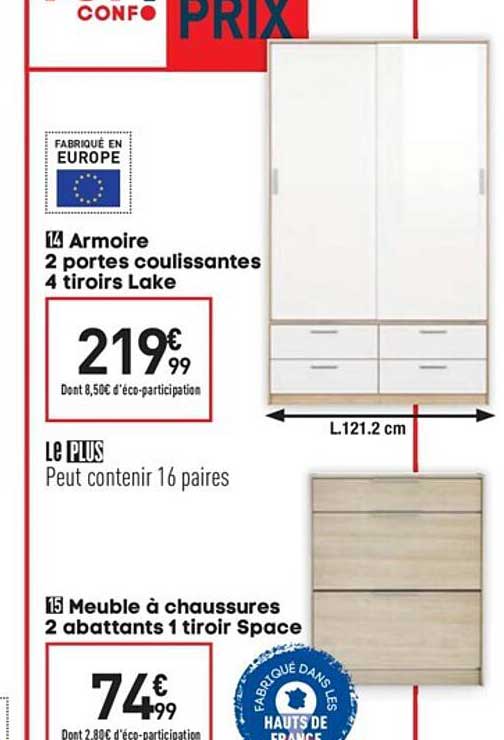 armoire 2 portes coulissantes 4 tiroirs lake meuble à chaussures 2 abattants 1 tiroir space