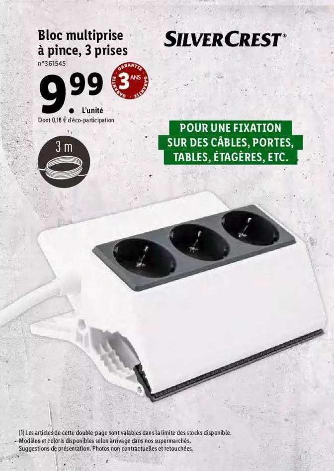 bloc multiprise à pince, 3 prises silver crest