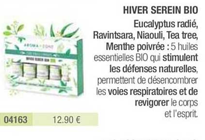 hiver serein bio : eucalyptus radié, ravintsara, niaouli, tea tree, menthe poivrée