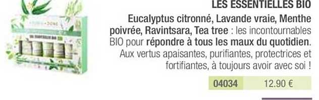 les essentielles bio : eucalyptus citronné, lavande vraie, menthe poivrée, ravintsara, tea tree