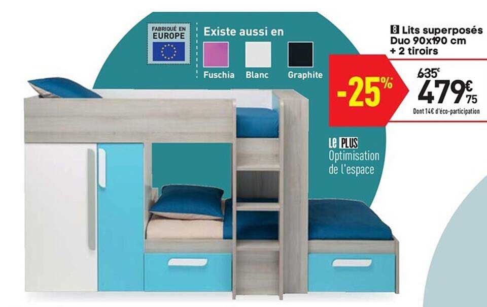 lits superposés duo 90x190 cm + 2 tiroirs
