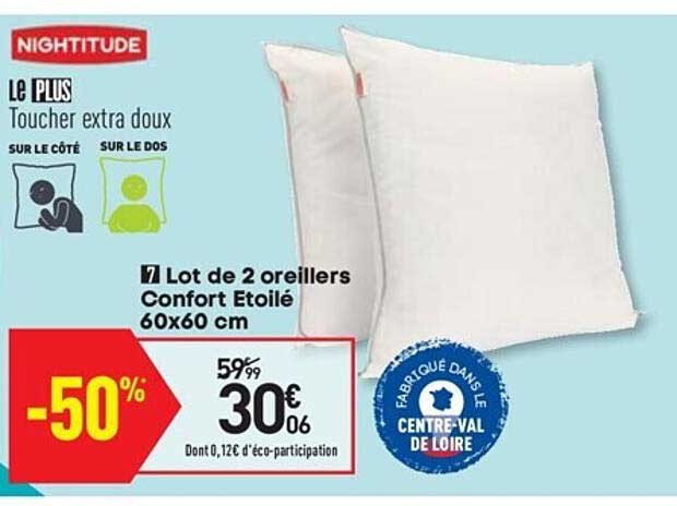 lot de 2 oreillers confort etoilé 60x60 cm nightitude
