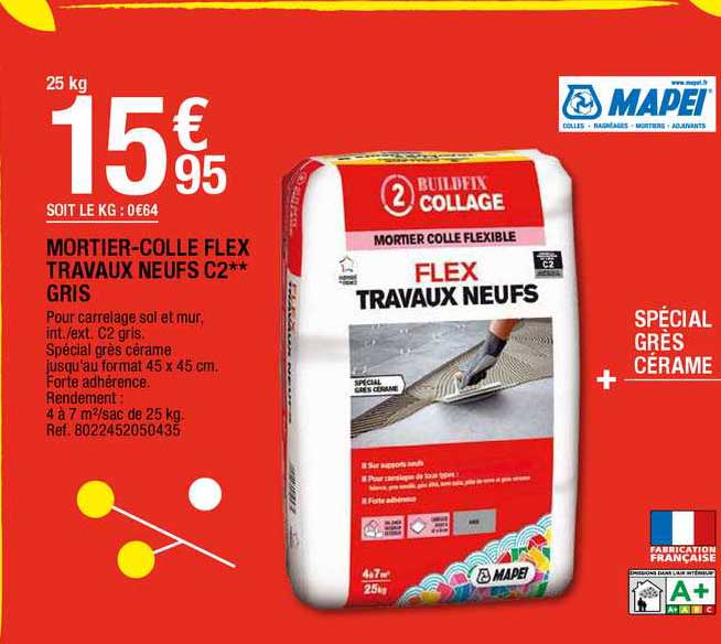 Mortier-colle Flex Travaux Neufs C2 Gris