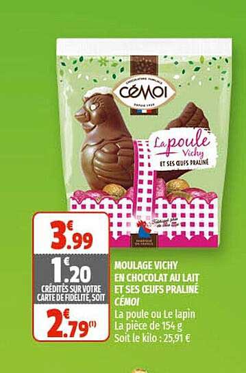 moulage vichy en chocolat au lait et ses oeufs praliné cémoi