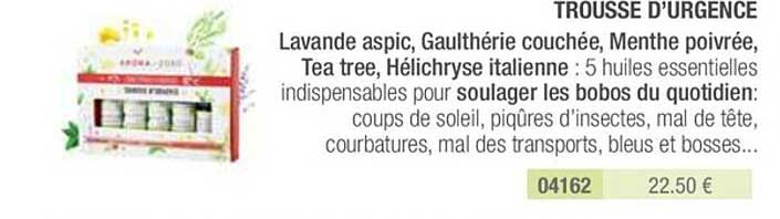 trousse d'urgence : lavande aspic, gaulthérie couchée, menthe poivrée, tea tree, hélichryse italienne